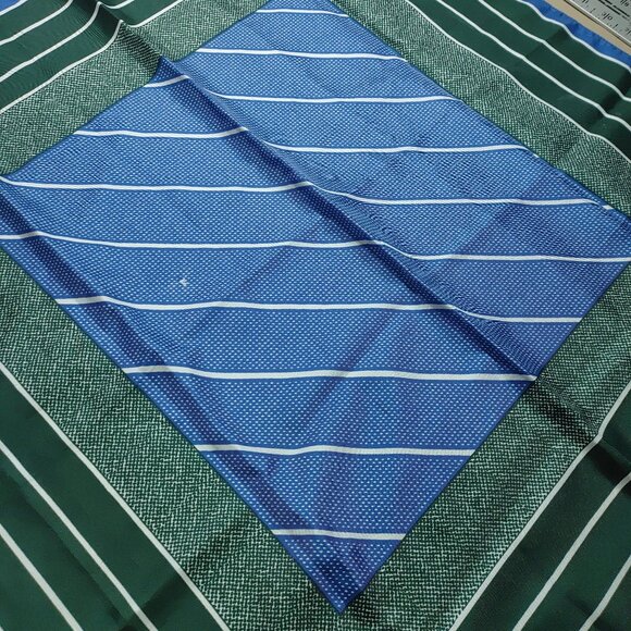 Silk Scarf Handkerchief Vintage Green Blue Striped Polka Dot - Picture 9 of 12